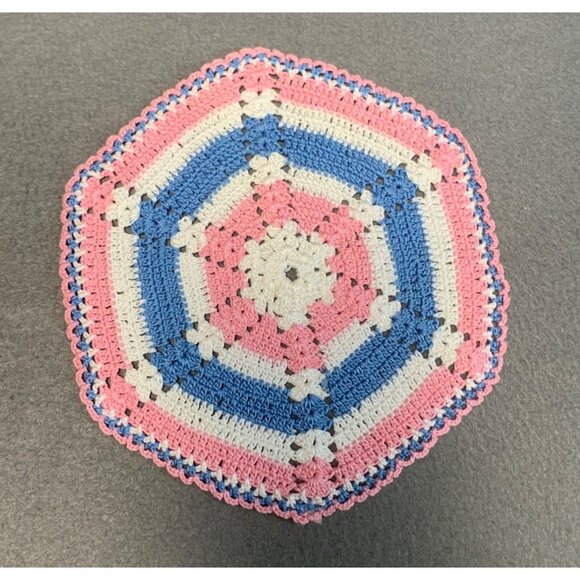 Handmade Crochet Doilies Set of 2 Rainbow Hexagon Pink Blue White 7" Diameter - Picture 4 of 8